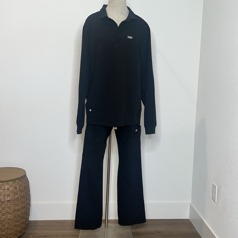Figs Black Long-Sleeve Polo with Flare Scrub Pants